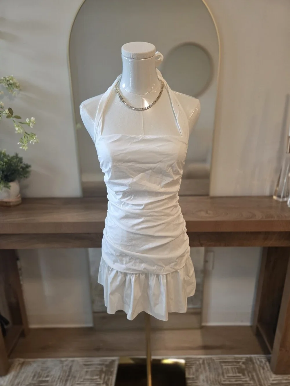 White Halter Ruffle Hem Mini Dress - Picture 4 of 4